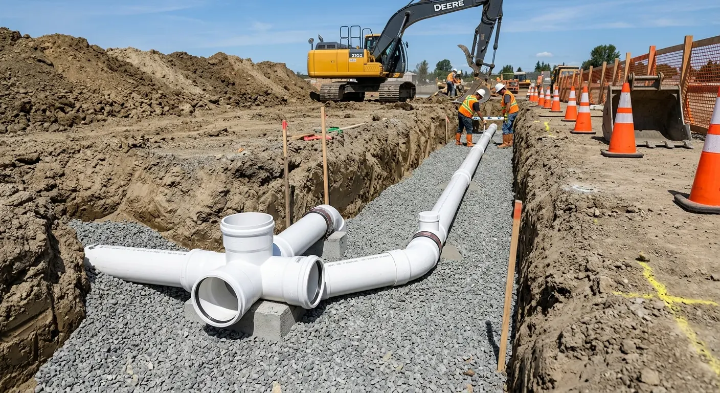 New PVC sewer pipe installation in open trench for Sewer Backup in Los Gatos