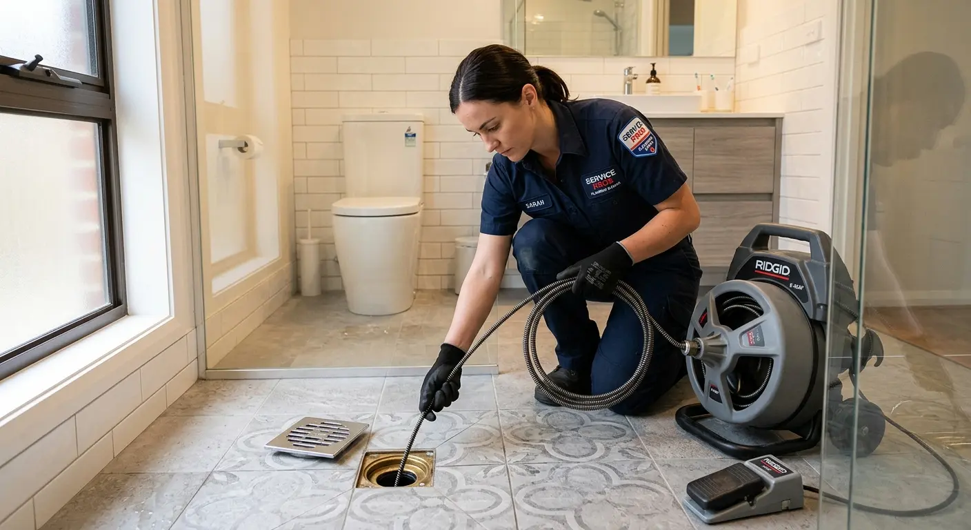Technician clearing a bathroom floor drain for Drain Cleaning in Los Gatos
